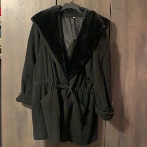 Black dress or casual jacket with faux fur hood
